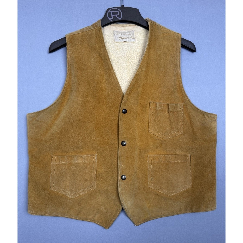 Vintage 70s Clifton Tan Suede Leather Snap Vest Mens Large Sherpa Western Cowboy